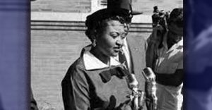 Mamie Till speaks to the press after her son was lynched in Mississippi in 1955. Wikipedia.org photo.