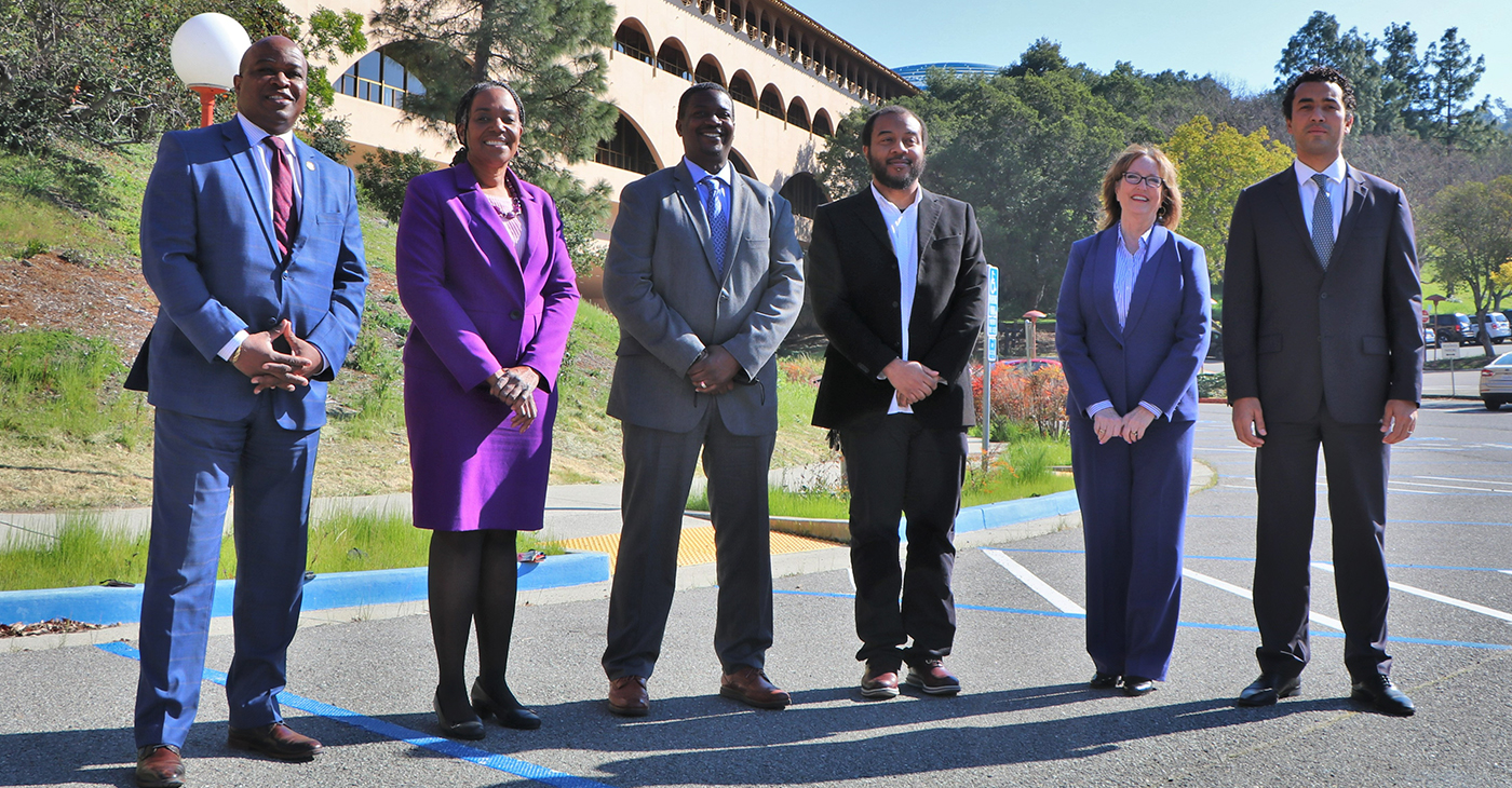 Clean Slate program supporters at Civic Center include (from left) Assistant DA Otis Bruce Jr., Health and Human Services Director Benita McLarin, Probation Chief Marlon Washington, Health and Human Services Division Director D’Angelo Paillet, DA Lori Frugoli, and Public Defender David Joseph Sutton.