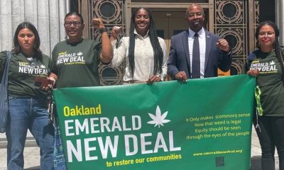 Some participants in the Emerald New Deal "END HARM" press conference at the Oakland City Hall (Left to Right) Ale Esparza, Gamila Abdelhalim, Councilmember Reid, Councilmember Taylor, Sara Chakri photo courtesy of Kiana Gums.