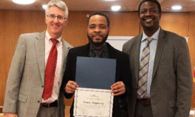 (from left) Marin County Superior Court Judge Paul Haakenson, Wall of Change honoree James Mayberry, and Marin County Probation Chief Marlon Washington at the Wall of Change ceremony.