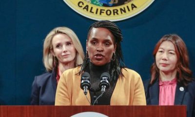 Kimberley Ellis, Director of the San Francisco Department on the Status of Women speaking at a press conference March 14 in Sacramento. Standing behind her is First Partner Jennifer Newsom and Government Operations Secretary Amy Tong. Photo by Felicia Rule.