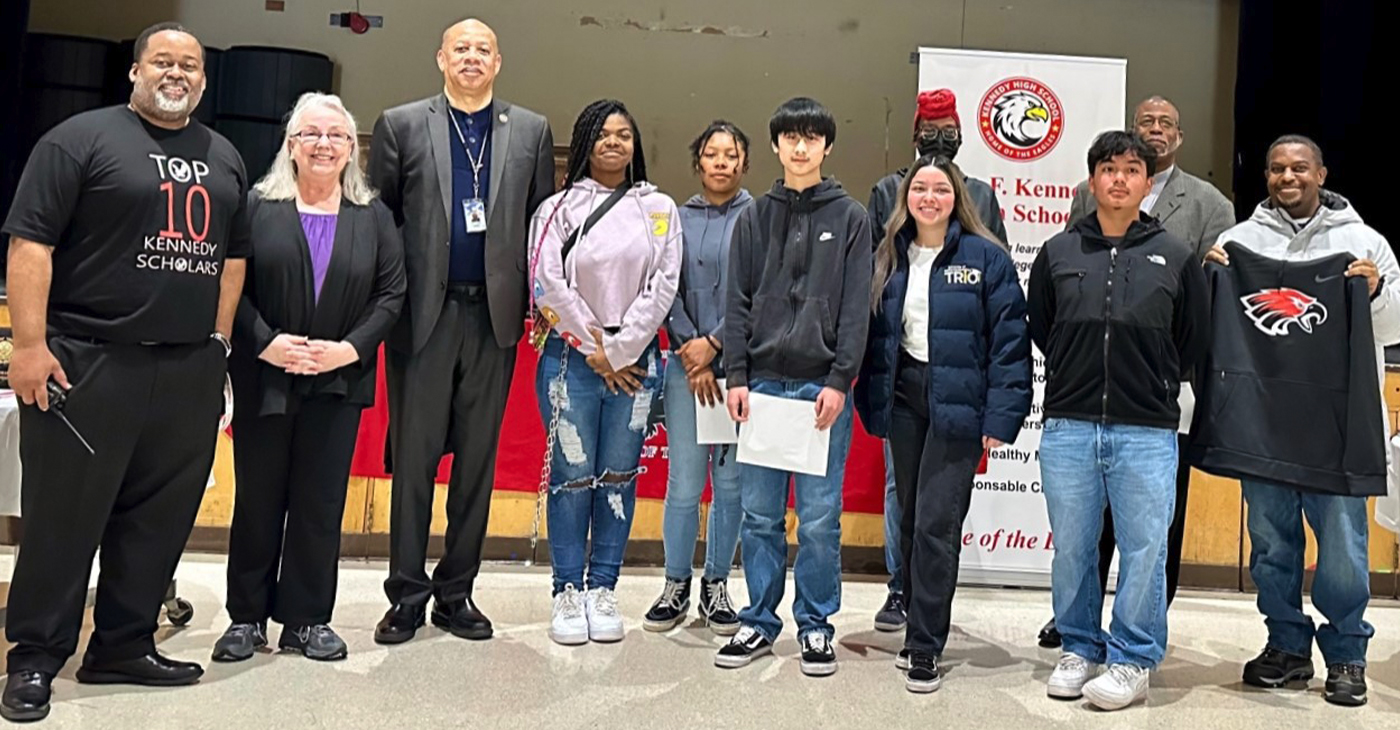 Kennedy High scholars are joined by WCCUSD leadership at awards ceremony on March 10. Photo courtesy of WCCUSD.