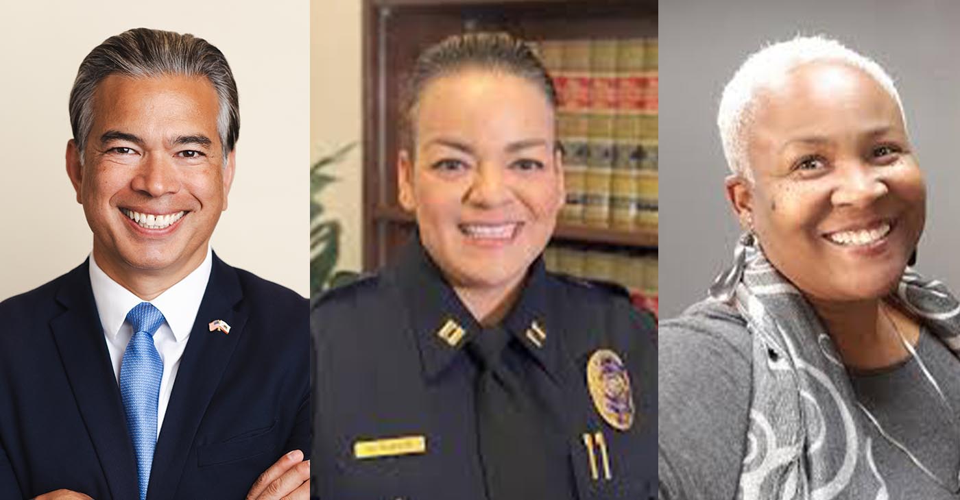 California Attorney General Rob Bonta. Official photo, SUSD Police Chief Mayra Franco. Official photo, Pastor Trena Turner of Stockton’s Victory In Praise Church. Victory in Praise Church photo.