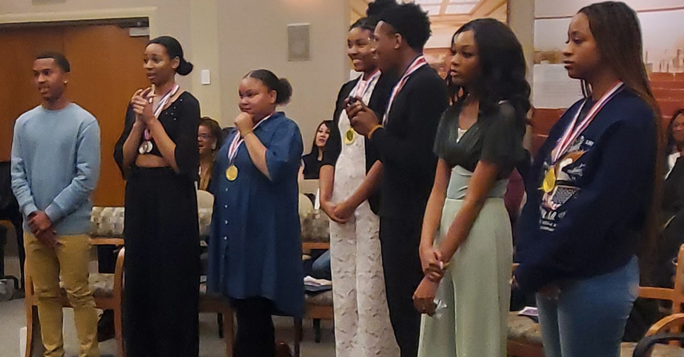 Students Rayland Albert, Neveah Pittman, Jasmine Bell, Taylor Hill, Messiah Birks, Elaina Thomas, and Camren Lipson were all recognized for their academic achievements and talent. Photo By Carla Thomas.