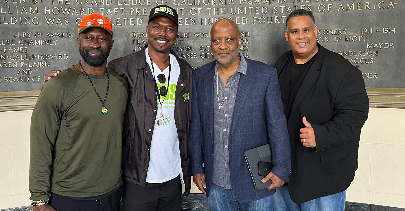 Some AASEG members who attended the Oakland City Council meeting where the City voted to sell their portion to them for $105,000,000.00. Left to right Jonathan Jones, John Jones III, Alan Dones, and Ray Bobbitt. Photo by Dr. Maritony Jones.