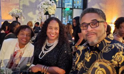 At the San Francisco Black Wall Street Foundation's Black Print gala at the SF Conservatory, Susan Brown, Willie Brown Foundation, podcaster Kimberly Caldwell, and Majeid Crawford of SF Bloc. Photo by Carla Thomas.