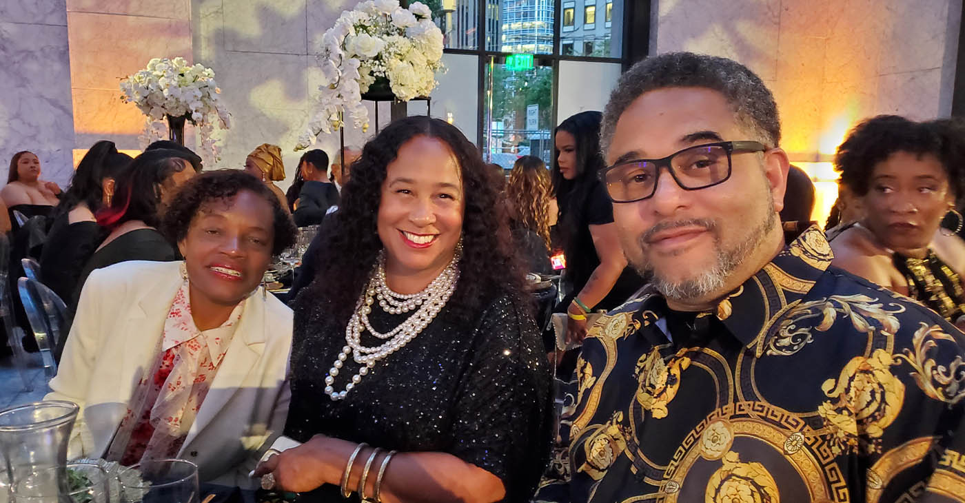 At the San Francisco Black Wall Street Foundation's Black Print gala at the SF Conservatory, Susan Brown, Willie Brown Foundation, podcaster Kimberly Caldwell, and Majeid Crawford of SF Bloc. Photo by Carla Thomas.