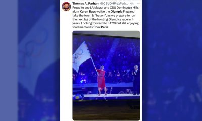 California State University Dominguez Hills President Thomas Parham shares a moment on X after witnessing Mayor Karen Bass wave the Olympic flag in Paris. Aug 9, 2024 (screenshot)