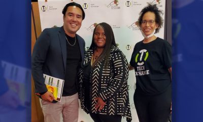 Tech Exchange Executive Director Bruce Buckelew, Black Hollywood Education and Resource Center (BHERC) founder Sandra Evers-Manly and Tech Exchange board Member Cynthia Mackey pose on the red carpet at the 30th annual S.E. Manly African American Film Festival hosted at the Regal Jack London Theater in downtown Oakland. Photo By Carla Thomas