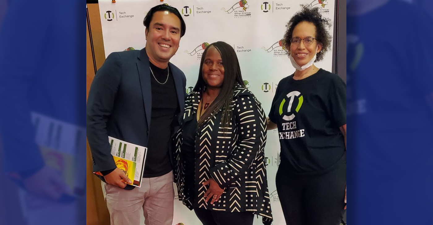 Tech Exchange Executive Director Bruce Buckelew, Black Hollywood Education and Resource Center (BHERC) founder Sandra Evers-Manly and Tech Exchange board Member Cynthia Mackey pose on the red carpet at the 30th annual S.E. Manly African American Film Festival hosted at the Regal Jack London Theater in downtown Oakland. Photo By Carla Thomas