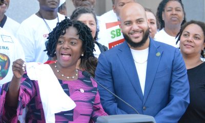 About 100 labor and racial equity activists from across the state converged on the State Capitol on Aug. 13, 2024, to support SB 1340, authored by Sen. Lola Smallwood-Cuevas (D-Los Angeles). The bill would require equitable hiring for federally funded infrastructure projects. CBM photo by Antonio Ray Harvey.