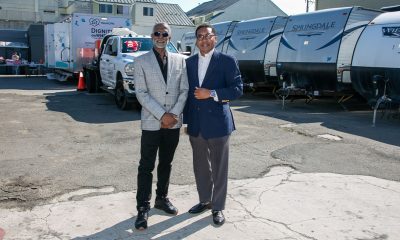 Founding ICAC President Pastor Ken Chambers, left, and Dr. Kenneth Anderson, first vice president of the state Baptist Convention and pastor of Williams Chapel Baptist Church, pose in front of the trailers that need renovation. Photo by Kevin Hicks, Hicks Media.