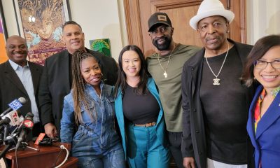 Left to right: Ray Lankford, CEO of Oakland Private Industry Council; Ray Bobbitt, AASEG Founder; Samantha Wise, AASEG board member; Mayor Sheng Thao; Jonathan Jones, chair of AASEG Finance Committee; Richard Johnson, founder of Formerly Incarcerated Giving Back organization; and Oakland City Council President Nikki Bas. Photo by Paul Cobb.