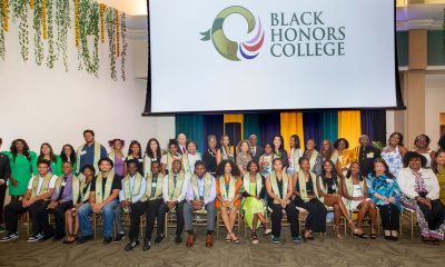 The inaugural class of the Sacramento State Black Honors College, shown here along with campus and national leaders, was introduced at a ceremony marking the opening of the new first-of-its-kind education initiative. (Sacramento State/Andrea Price)