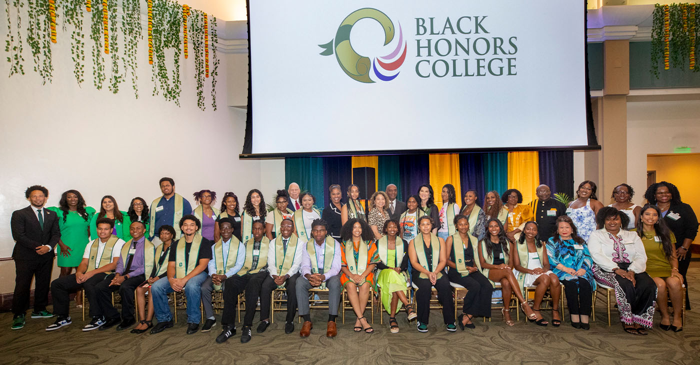 The inaugural class of the Sacramento State Black Honors College, shown here along with campus and national leaders, was introduced at a ceremony marking the opening of the new first-of-its-kind education initiative. (Sacramento State/Andrea Price)