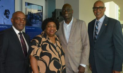 Shown left to right are Sen. Steven Bradford (D-Inglewood), Secretary of State Shirley Weber, former Los Angeles Lakers player Michael Cooper. and Assemblymember Chris Holden (D-Pasadena) at a reception held for Cooper. CBM photo by Antonio Ray Harvey.