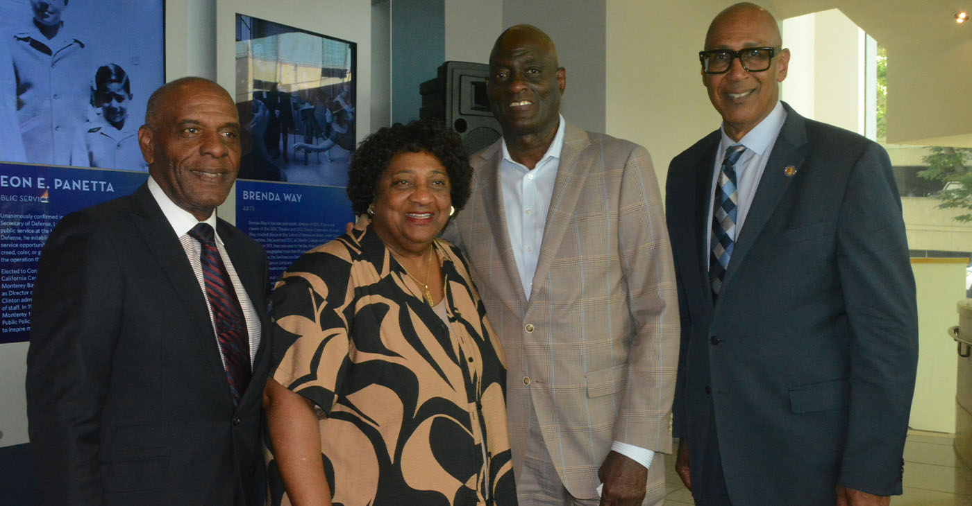 Shown left to right are Sen. Steven Bradford (D-Inglewood), Secretary of State Shirley Weber, former Los Angeles Lakers player Michael Cooper. and Assemblymember Chris Holden (D-Pasadena) at a reception held for Cooper. CBM photo by Antonio Ray Harvey.