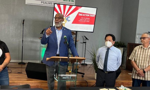 Jess Inson, Rev. B.K. Woodson, Sr., Stewart Chen, and Mariano Contreras answer questions at the kickoff meeting of “Respect Our Vote – No Recalls!,” Saturday, Aug. 17, at At Thy Word Ministries Church, 8915 International Blvd. in East Oakland. Photo by Ken Epstein.