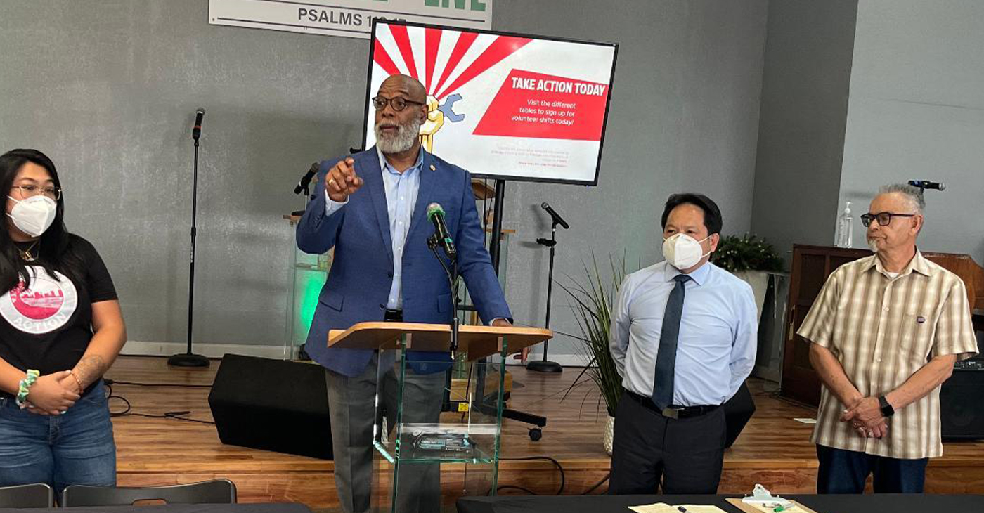 Jess Inson, Rev. B.K. Woodson, Sr., Stewart Chen, and Mariano Contreras answer questions at the kickoff meeting of “Respect Our Vote – No Recalls!,” Saturday, Aug. 17, at At Thy Word Ministries Church, 8915 International Blvd. in East Oakland. Photo by Ken Epstein.