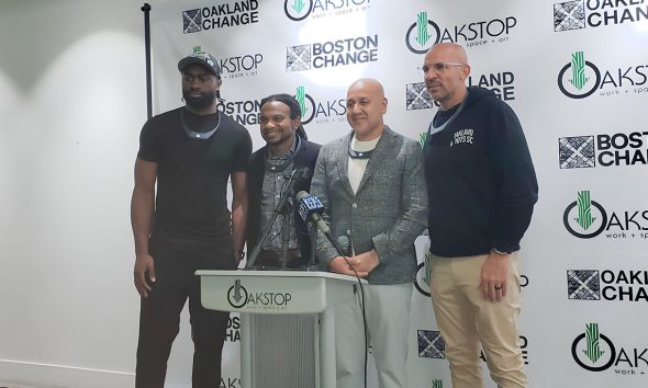 NBA All Star and 2024 Finals MVP Jaylen Brown, Oakland XChange's founder Trevor Parham, Boston XChange board member Riz Shah, and NBA icon Jason Kidd at Oakstop in Oakland announcing the creation of XChange Oakland and a commitment to raise $5 billion dollars to empower marginalized communities across the nation. Courtesy of Oakland Xchange.