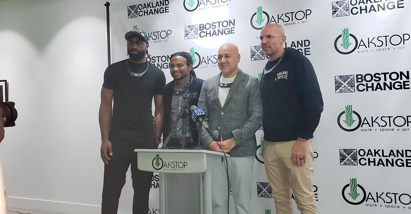 NBA All Star and 2024 Finals MVP Jaylen Brown, Oakland XChange's founder Trevor Parham, Boston XChange board member Riz Shah, and NBA icon Jason Kidd at Oakstop in Oakland announcing the creation of XChange Oakland and a commitment to raise $5 billion dollars to empower marginalized communities across the nation. Courtesy of Oakland Xchange.