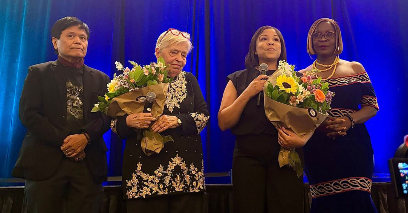 (Left to Right) This column’s author, Emil Guillermo; Sandy Close, founder of Ethnic Media Services; Regina Brown Wilson, Executive Director of California Black Media; and Pamela Anchang, Editor of Chief of Immigrant Magazine at the Ethnic Media Awards in Sacramento. Photo Courtesy of EMS.