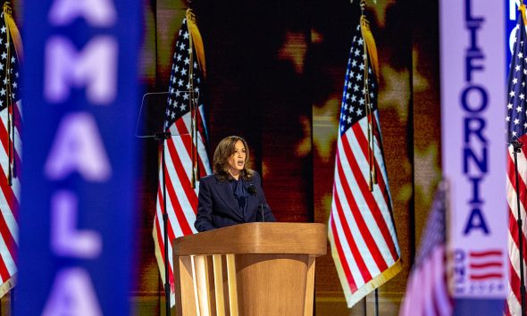 V.P. Kamala Harris speaks at the Democratic National Convention. Photo by Max Elramsisy.