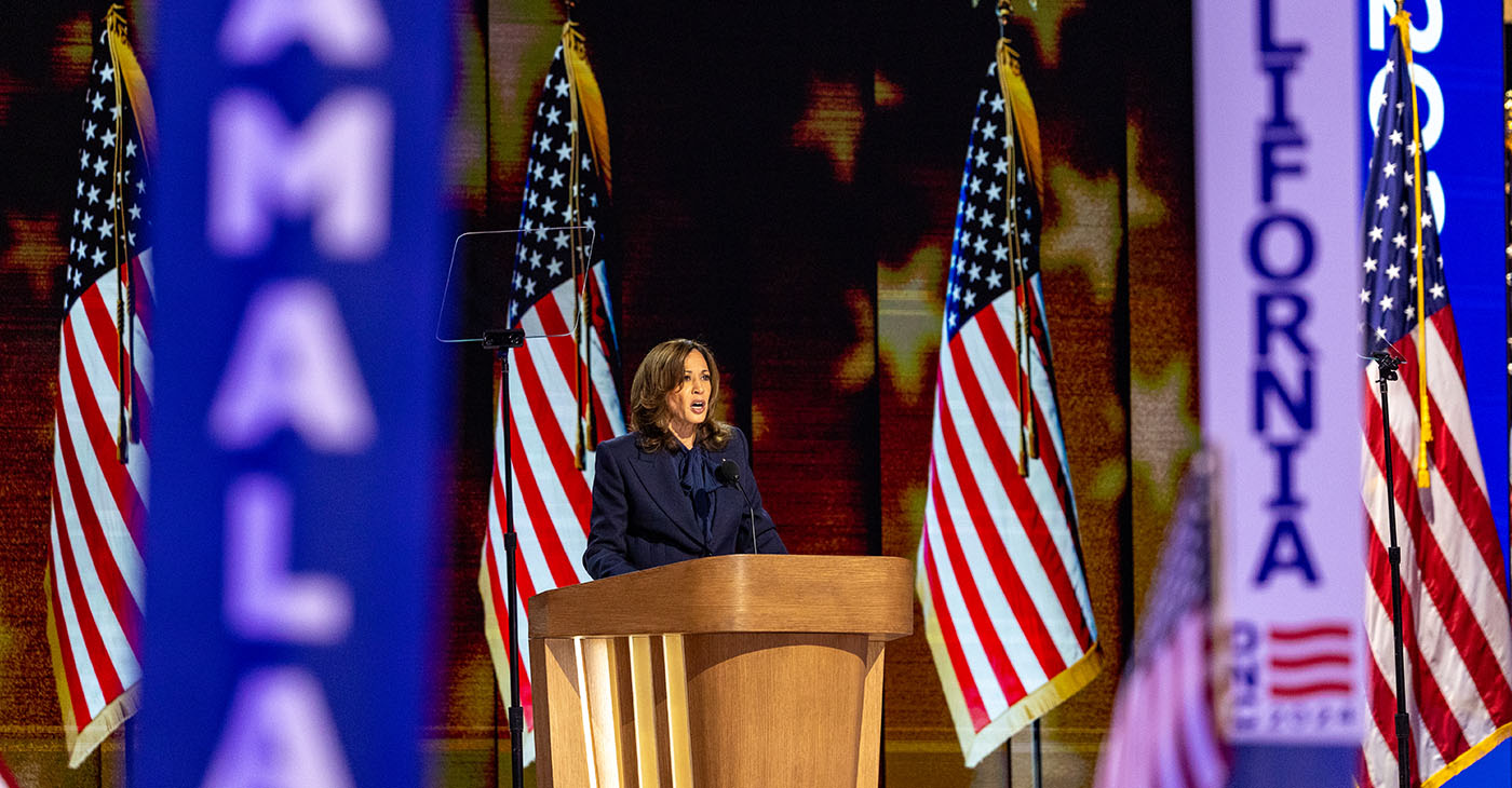 V.P. Kamala Harris speaks at the Democratic National Convention. Photo by Max Elramsisy.