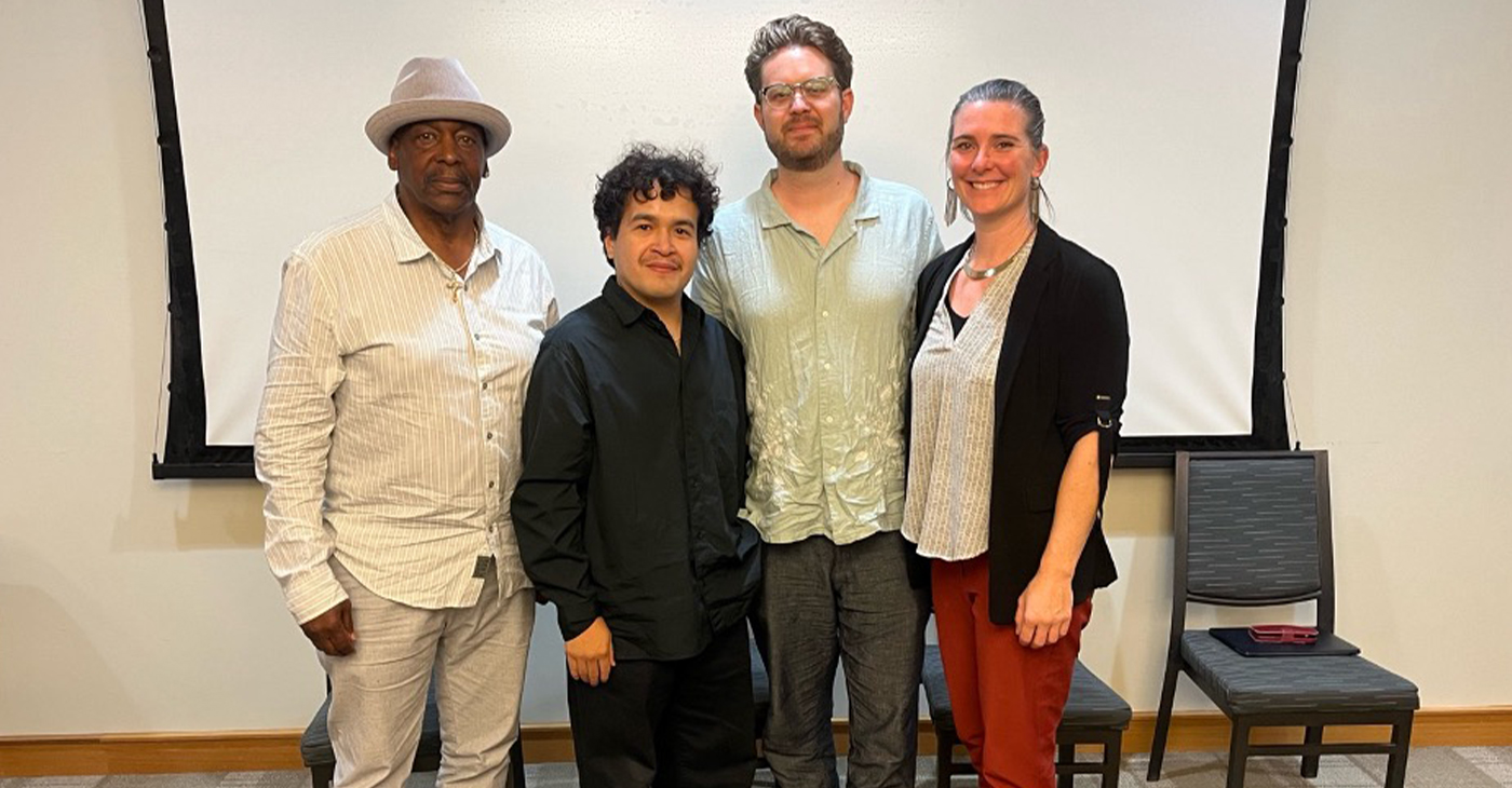 (L-R) Richard “Razor” Johnson, plaintiff and hunger strike survivor; JoeBill Muñoz and Lucas Guilkey, director and producer, respectively, of the Film Documentary “The Strike;” and event host Caitlin Henry, Criminology and Justice Studies Lecturer at Sonoma State University. Photo by Jonathanfitnessjones