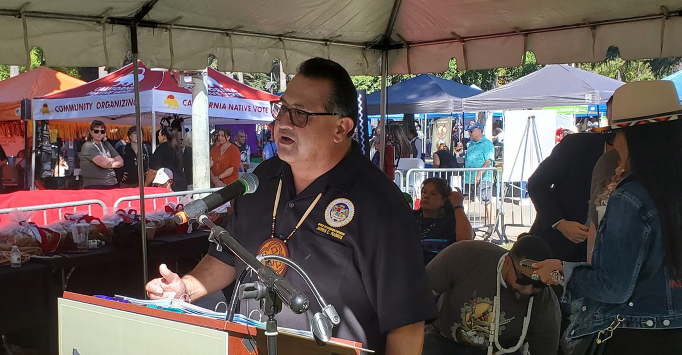 Asm. James C. Ramos (D-San Bernardino), Chair of the California Legislative Native American Caucus, addresses attendees during the event held at the State Capitol. Photo by Antonio Ray Harvey, California Black Media (CBM).