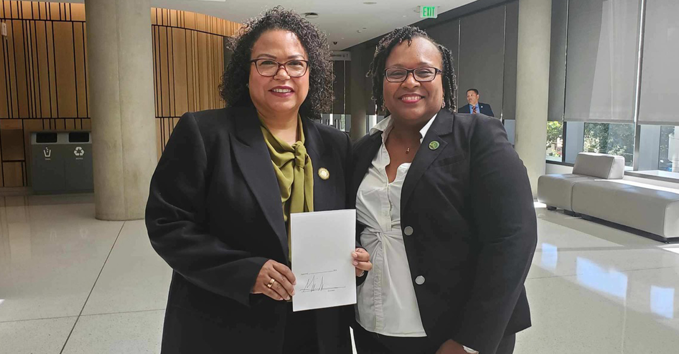 Asm. Mia Bonta (D-Oakland) and Asm. Lori Wilson (D-Suisun City), Chair of the Legislative Black Caucus, in Sacramento on September 26, celebrate after Gov. Newsom signed several CLBC bills into law. Photo by Antonio Ray Harvey, California Black Media (CBM).