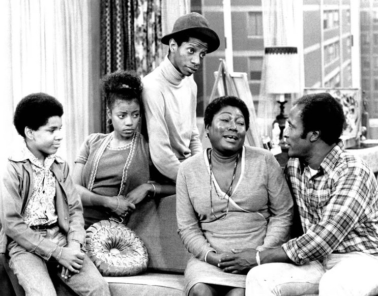 Photo of the Evans family from the television program “Good Times.” From left: Ralph Carter (Michael), BernNadette Stanis (Thelma), Jimmie Walker (J.J.), Esther Rolle (Florida), John Amos (James).