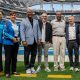 From left to right: IOC Member Hong Zhang, IOC Vice President Nicole Hoevertsz, Rex Richardson, Mayor of Long Beach, LA28 President Casey Wasserman, James T. Butts, Mayor of Inglewood, IOC President Thomas Bach, Marqueece Harris-Dawson, the President of the Los Angeles City Council (IOC/Greg Martin)