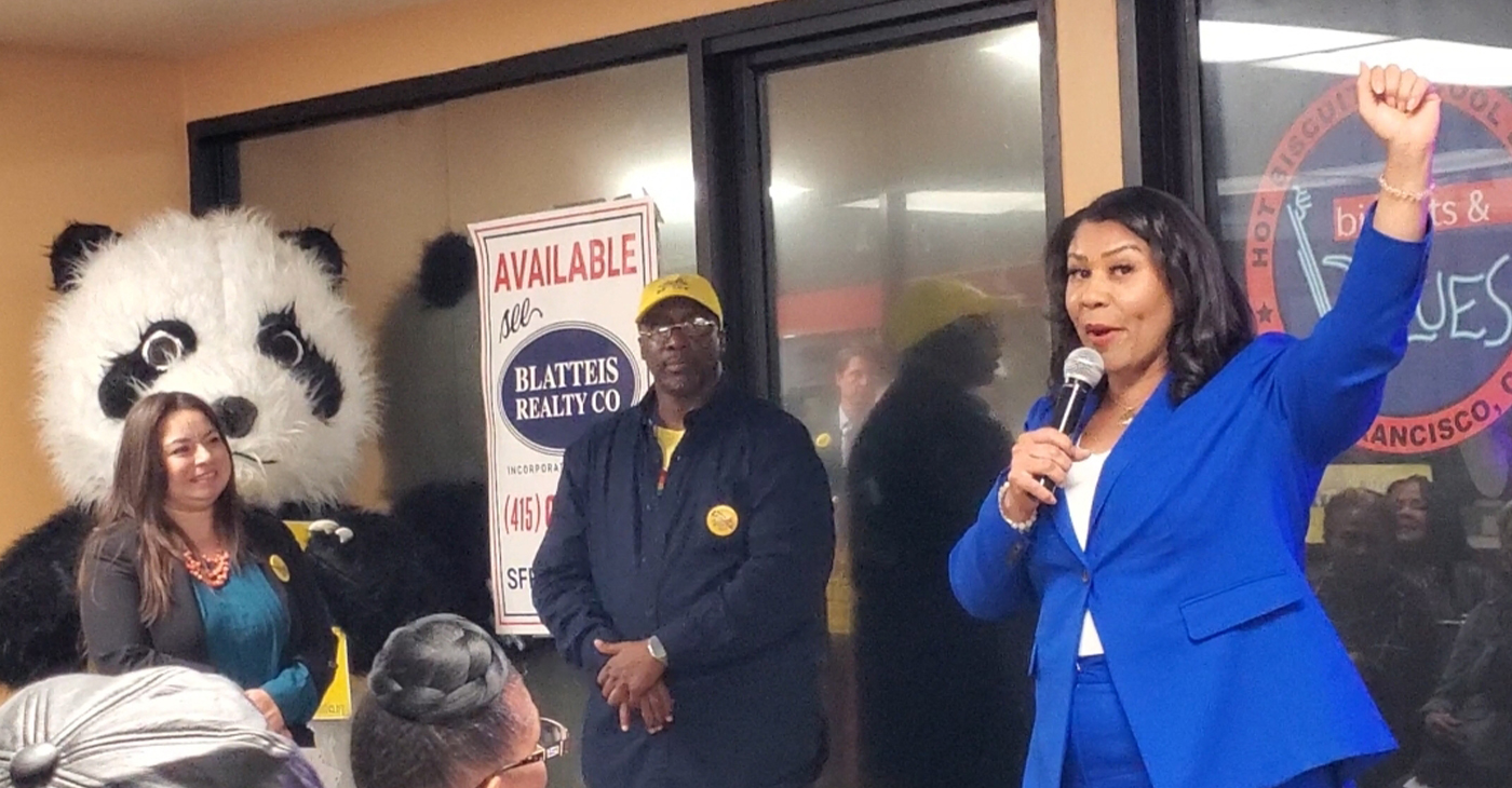 San Francisco Mayor London Breed addresses her supporters at a Meet and Greet at Cafe 22 on Mason Street in Union Square. Photo By Carla Thomas