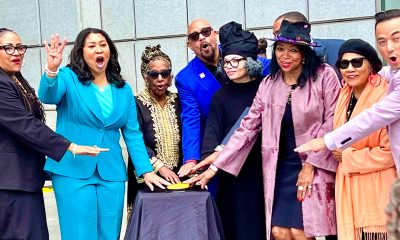 Attending the unveiling of the monument to the late Dr. Maya Angelou were, from left, Dr. Gina M. Fromer, CEO Glide Foundation; San Francisco Mayor London Breed, Rosa Johnson, (Angelou’s niece); Ralph Remington, San Francisco director of Cultural Affairs; Lava Thomas, artist and creator; Denise Bradley-Tydus, former interim director of Cultural Affairs; San Francisco Poet Laureate Genny Lim, and San Francisco City Librarian Michael Lambert. Photo by Linda Parker Pennington.