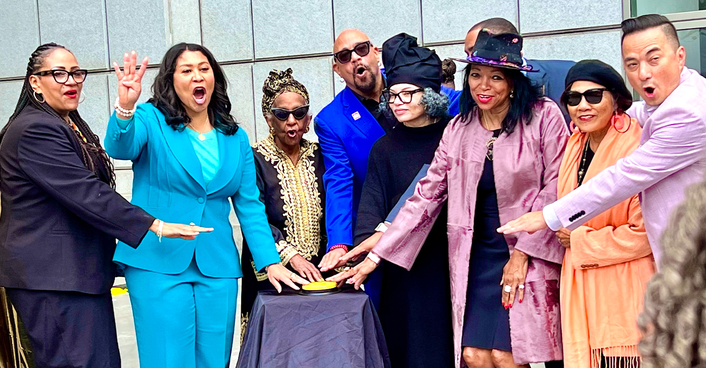 Attending the unveiling of the monument to the late Dr. Maya Angelou were, from left, Dr. Gina M. Fromer, CEO Glide Foundation; San Francisco Mayor London Breed, Rosa Johnson, (Angelou’s niece); Ralph Remington, San Francisco director of Cultural Affairs; Lava Thomas, artist and creator; Denise Bradley-Tydus, former interim director of Cultural Affairs; San Francisco Poet Laureate Genny Lim, and San Francisco City Librarian Michael Lambert. Photo by Linda Parker Pennington.