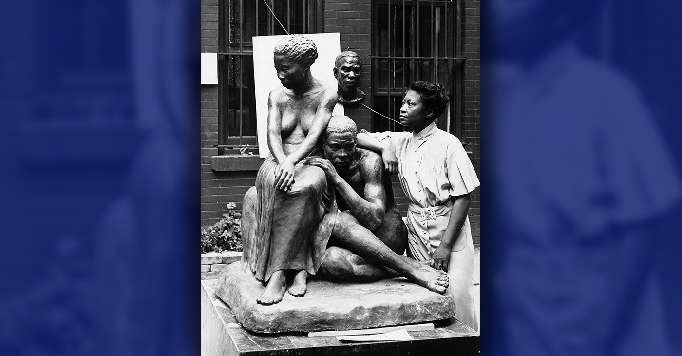 Augusta Savage with her sculpture Realization, ca. 1938. Photo by Andrew Herman, Archives of American Art, Smithsonian Institution (2371)