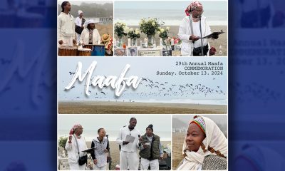 Ayikwei H. Scott (drummer standing), Dr. Uzo Nwankpa (seated), Iya Nefertina Abrams (in background), unnamed participant to the left. Next frame: co-founder, Sister Wanda Sabir at mic. MAAFA winged chorus (center frame). We are singing the MAAFA song Brotha Clint composed. Chorus: Sister Wanda and Antwuanette Queen-Pope, Brother Desmond Iman, Baba Darinxoso Oyamasela. Minister Alisha Teasley (Lower right). Photo montage by Zochi.