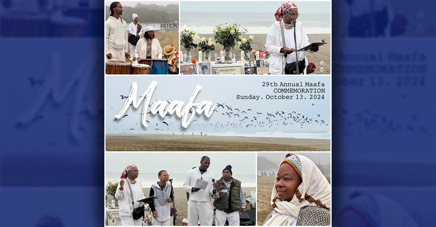 Ayikwei H. Scott (drummer standing), Dr. Uzo Nwankpa (seated), Iya Nefertina Abrams (in background), unnamed participant to the left. Next frame: co-founder, Sister Wanda Sabir at mic. MAAFA winged chorus (center frame). We are singing the MAAFA song Brotha Clint composed. Chorus: Sister Wanda and Antwuanette Queen-Pope, Brother Desmond Iman, Baba Darinxoso Oyamasela. Minister Alisha Teasley (Lower right). Photo montage by Zochi.