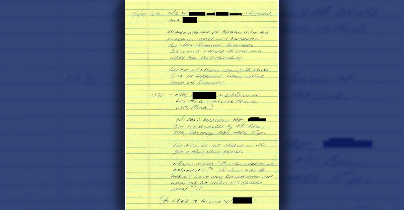 A handwritten note by an employee under a previous administration appears to show plans for a cover-up of jury discrimination in a death penalty case. Courtesy image.