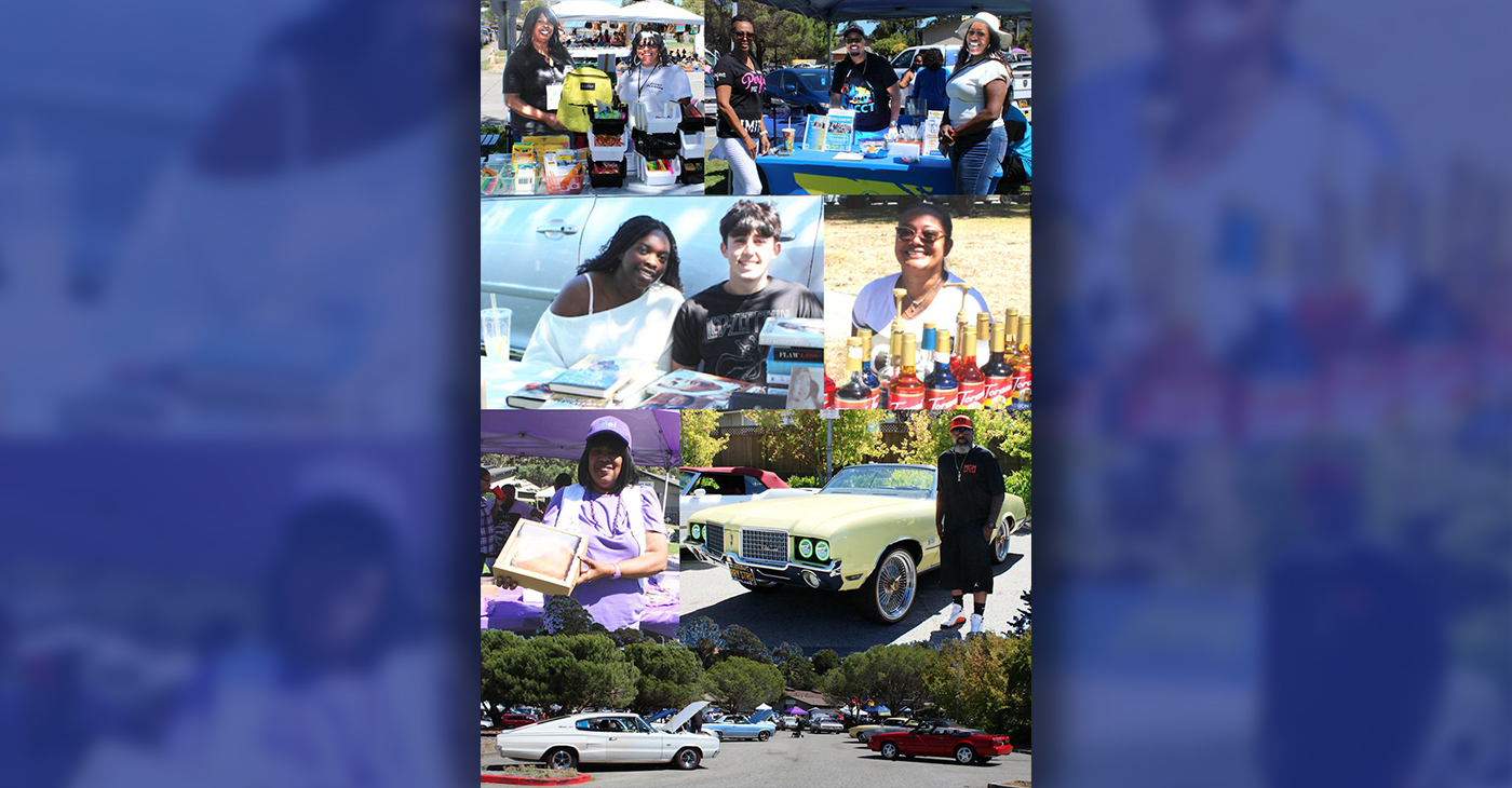 From top to bottom, left to right: Event planners Lulu and Antoinette, Annette Henry, Shannon Bynum, and Lamesha Bynum. Next row: Ain Ashby, Krystal Rose and Vincenzo Bezerra. Bottom: Melba Banks and Darrell Roary, car show with Dennett Colescott’s white 1966 Dodge Charger on the left. Photos by Godfrey Lee.