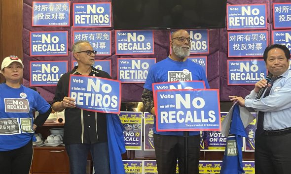 Some of the leaders who spoke at the Respect Our Vote – No Recalls!” mass meeting were (left to right): Elaine Peng, Mariano Contreras, Pastor Servant B.K. Woodson, and Stewart Chen. Photo by Ken Epstein.