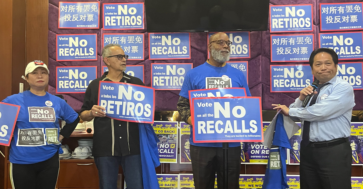 Some of the leaders who spoke at the Respect Our Vote – No Recalls!” mass meeting were (left to right): Elaine Peng, Mariano Contreras, Pastor Servant B.K. Woodson, and Stewart Chen. Photo by Ken Epstein.