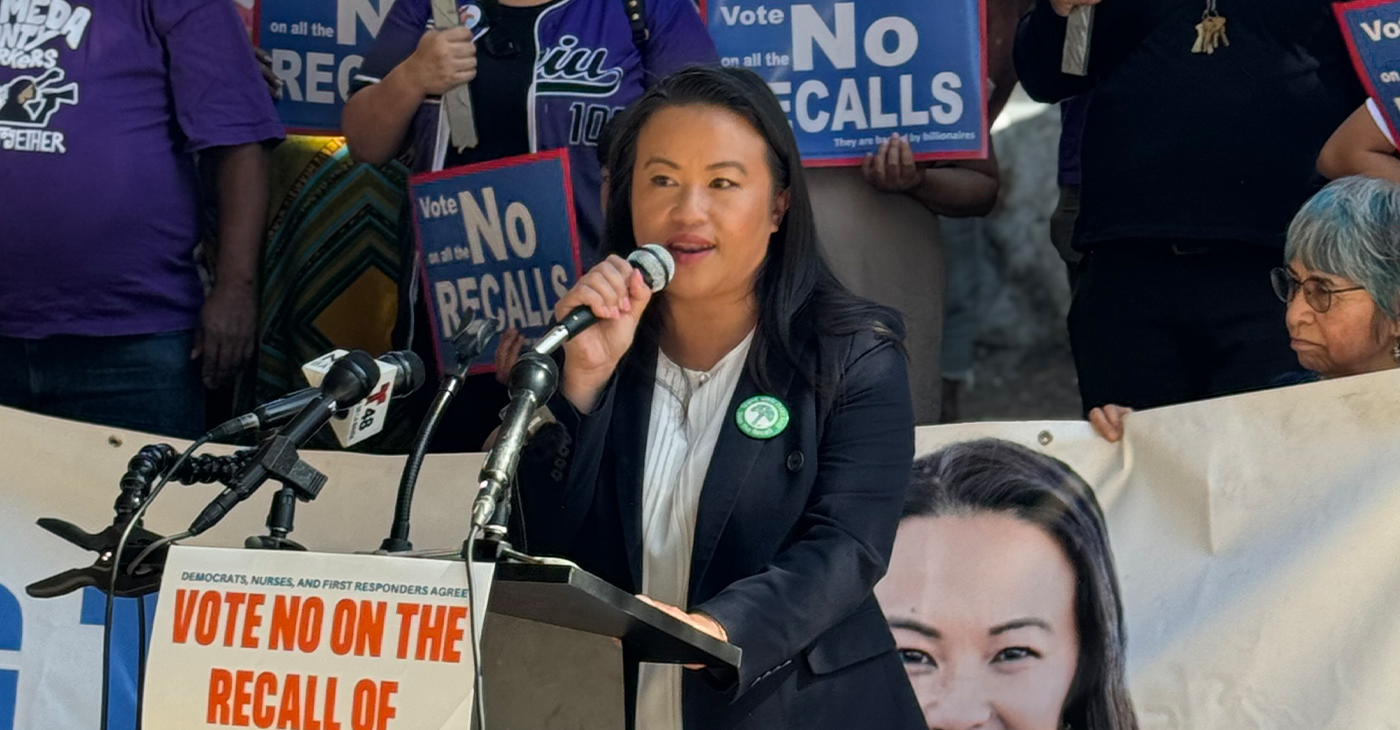 Mayor Sheng Thao spoke Sunday, Oct. 6 at a campaign rally to reject the billionaire-backed recall on the Nov. 5 ballot. Photo courtesy of Oaklanders Defending Democracy.