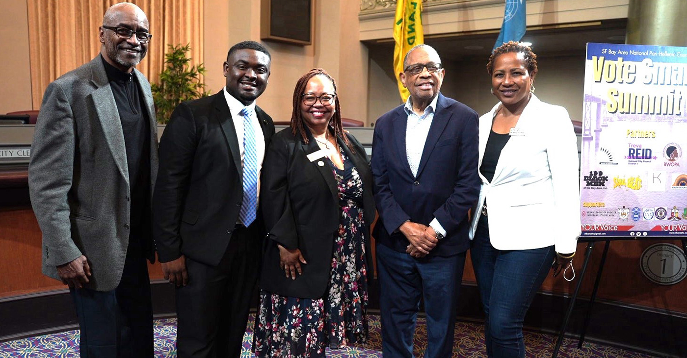 Panelists at the San Francisco Bay NPHC Vote Smart Summit , from left to right : Dr. Joseph Marshall, Owen Knapper Jr., Solano County Supervisor Wanda Williams, Hon. Elihu Harris and Hon. Lynette McElhaney. Soulbeat photo.