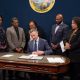 On Sept. 26, Gov. Gavin Newsom signed several bills in a priority reparations package introduced by the California Legislative Black Caucus (CLBC). In this photo (from left to right): Assemblymember Reggie Jones-Sawyer (D-Los Angeles); Sen. Lola Smallwood-Cuevas (D-Inglewood); Assemblymember Corey Jackson (D-Moreno Valley; CLBC Chair Assemblymember Lori Wilson (D-Suisun City); Assemblymember Mike Gipson (D-Carson); Assemblymember Mia Bonta (D-Oakland); and Assemblymember Kevin McCarty (D-Sacramento)