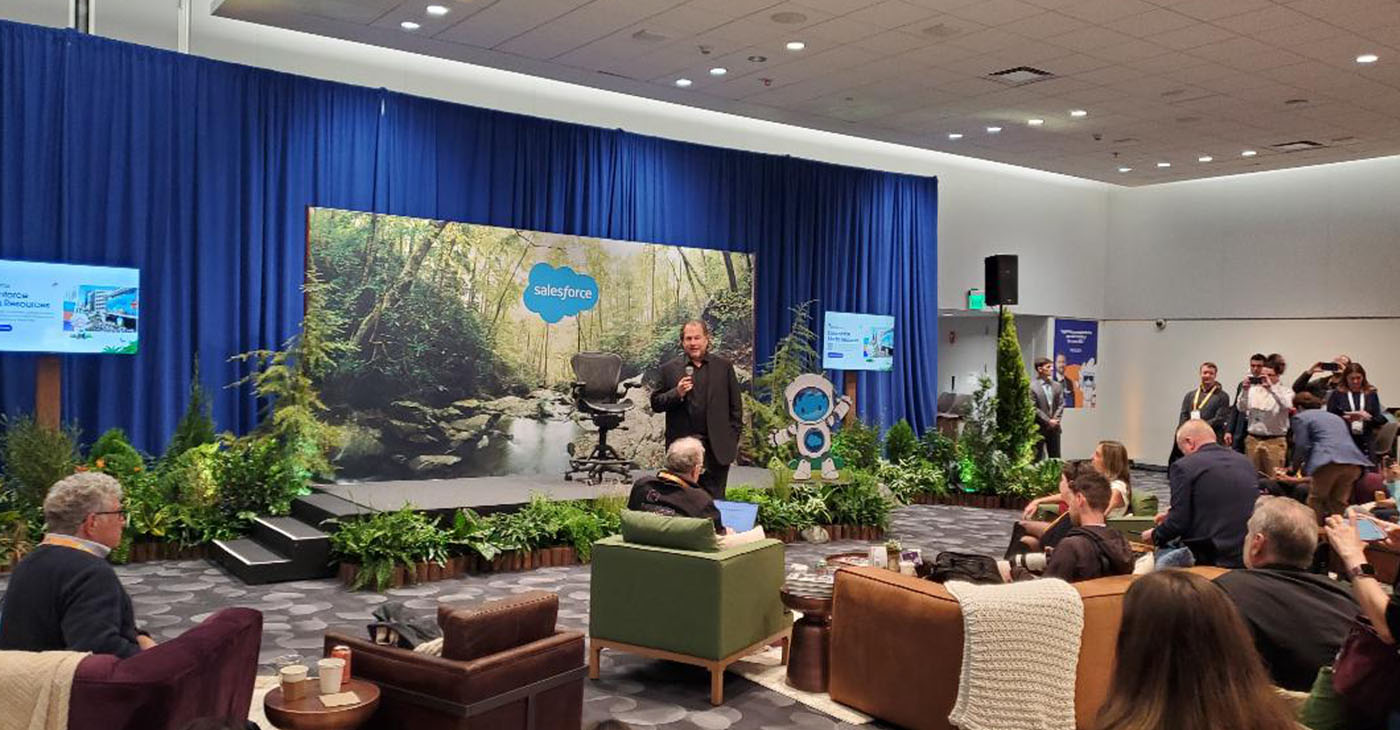 Salesforce CEO Marc Benioff addresses a group of media professionals at the Moscone Center hosting the annual Dreamforce Convention in downtown San Francisco.