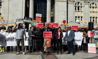 Supporters of the recalls against Oakland Mayor Sheng Thao and Alameda County District Attorney Pamela Price, along with local political candidates and business owners, at a press conference outside Oakland City Hall. Speakers called for a city-wide, one-day business strike to protest against threats to public safety. Photo by Magaly Muñoz.