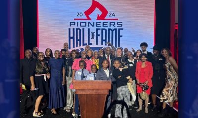 Honoree Lorenzo Hall of CSUEB's Men's Basketball Team 1986-1990 surrounded by his family at the CSUEB 2024 Pioneer Hall of Fame Gala at the Pioneer Gymnasium in Hayward, California. Photo Courtesy of Dr. LaQuitta Simms.