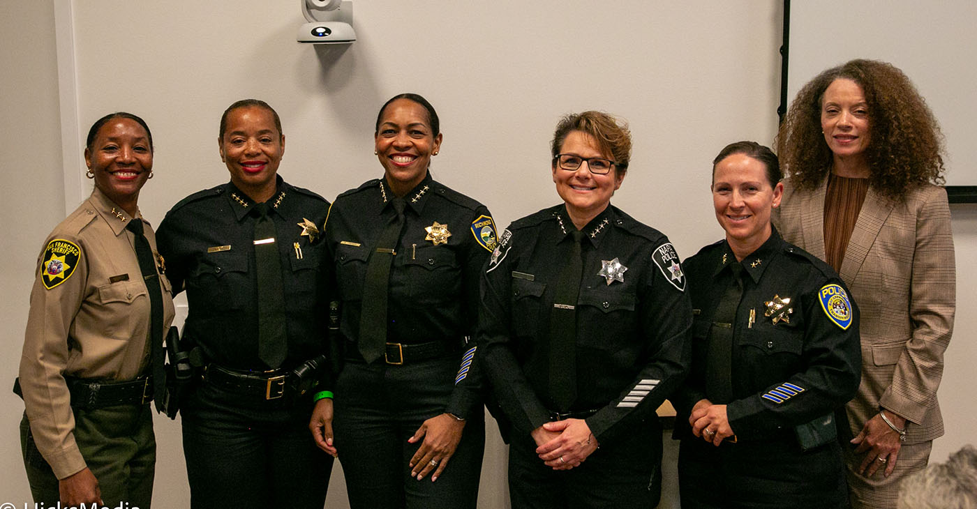 Women on law enforcement leadership at the Oakland PIC career fair included San Leandro Chief of Police Angela Averiett, City of Richmond Police Chief Bisa French, City of Napa Police Chief Jennifer Gonzales, BART Deputy Chief of Police Gina Galetti, and Jonni Redick, retired assistant chief of the California Highway Patrol. Photo by Carla Thomas.